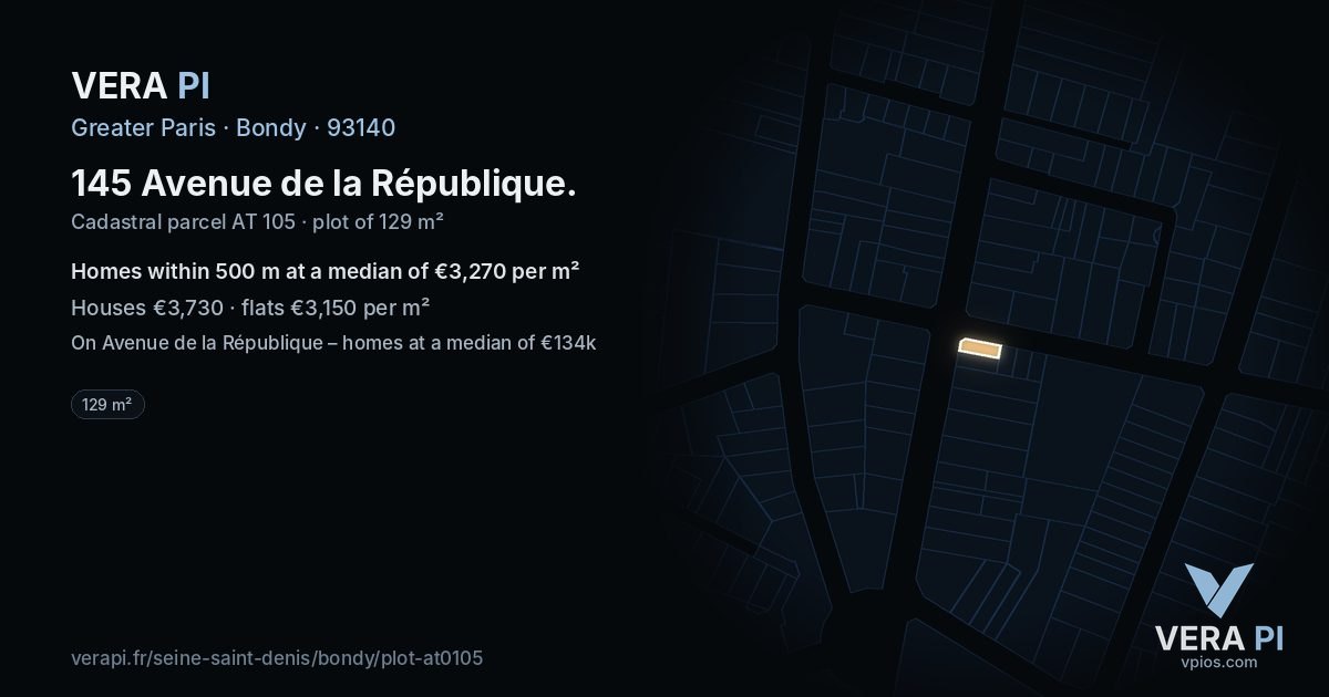 145 Avenue de la République, Bondy at night – the plot lit, the parcels around coloured by the prices near them