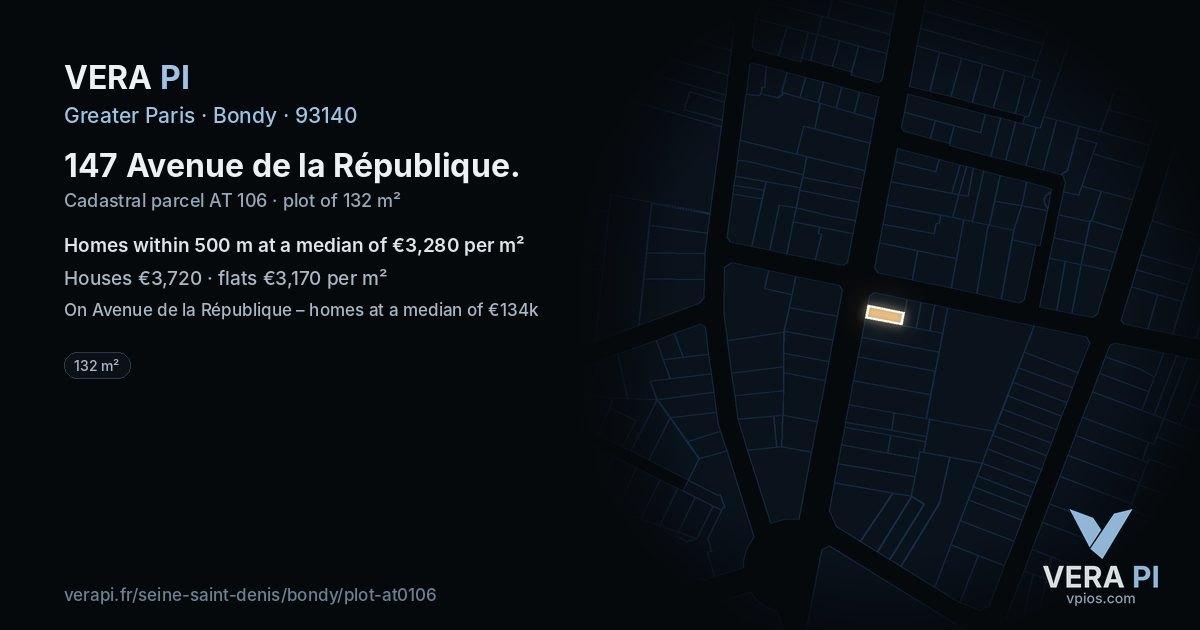 147 Avenue de la République, Bondy at night – the plot lit, the parcels around coloured by the prices near them