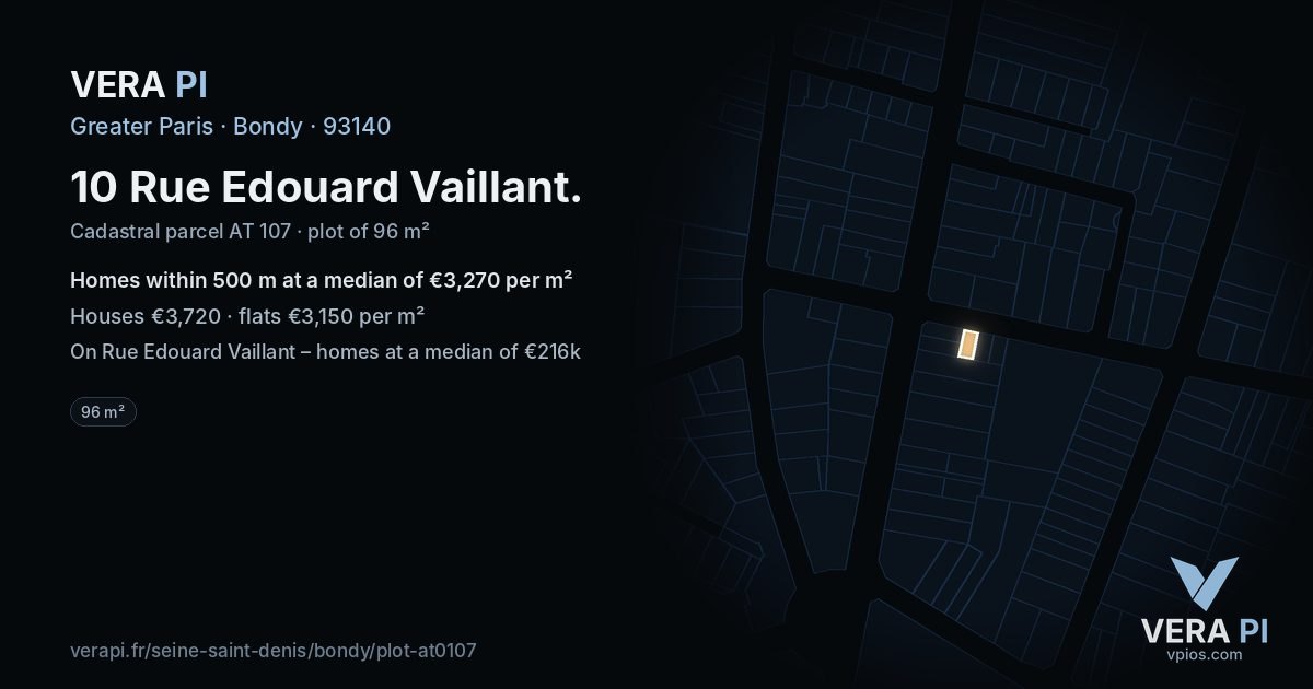 10 Rue Edouard Vaillant, Bondy at night – the plot lit, the parcels around coloured by the prices near them