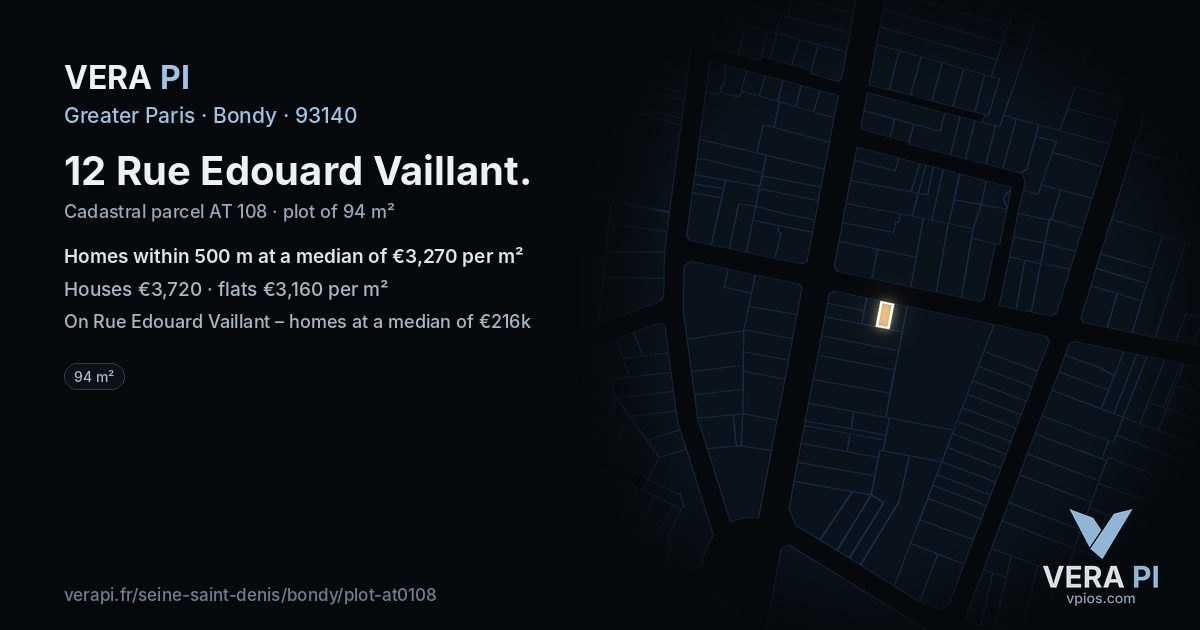 12 Rue Edouard Vaillant, Bondy at night – the plot lit, the parcels around coloured by the prices near them
