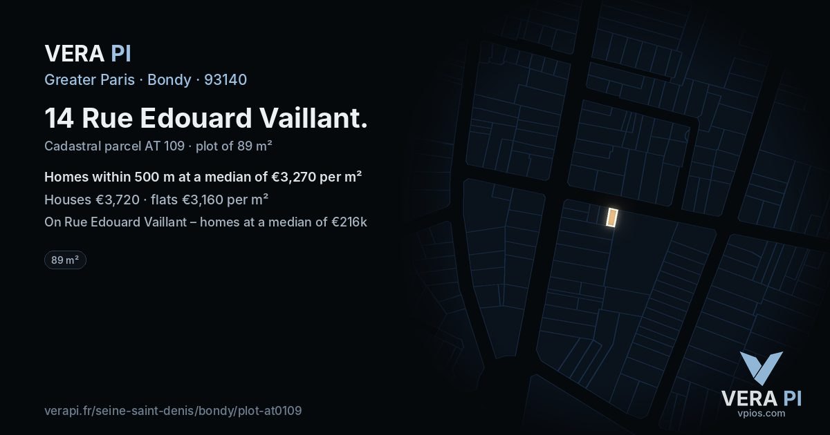 14 Rue Edouard Vaillant, Bondy at night – the plot lit, the parcels around coloured by the prices near them