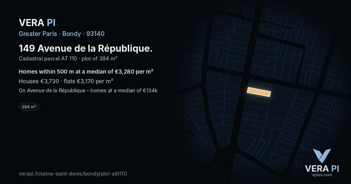 149 Avenue de la République, Bondy at night – the plot lit, the parcels around coloured by the prices near them