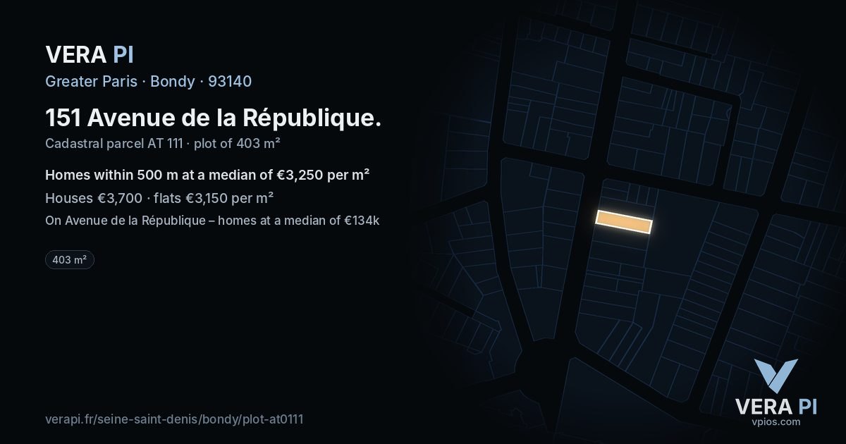 151 Avenue de la République, Bondy at night – the plot lit, the parcels around coloured by the prices near them