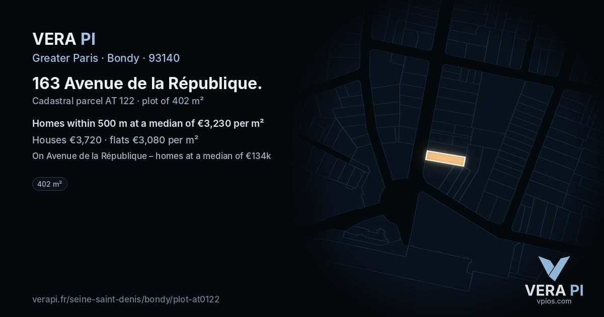 163 Avenue de la République, Bondy at night – the plot lit, the parcels around coloured by the prices near them