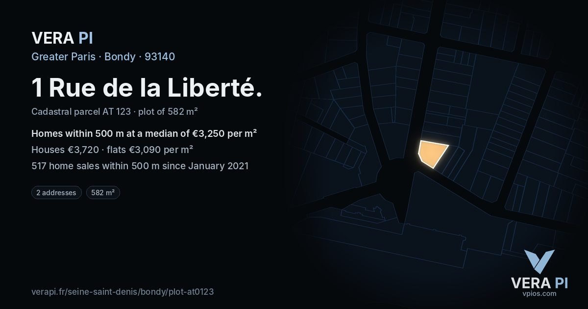 1 Rue de la Liberté, Bondy at night – the plot lit, the parcels around coloured by the prices near them