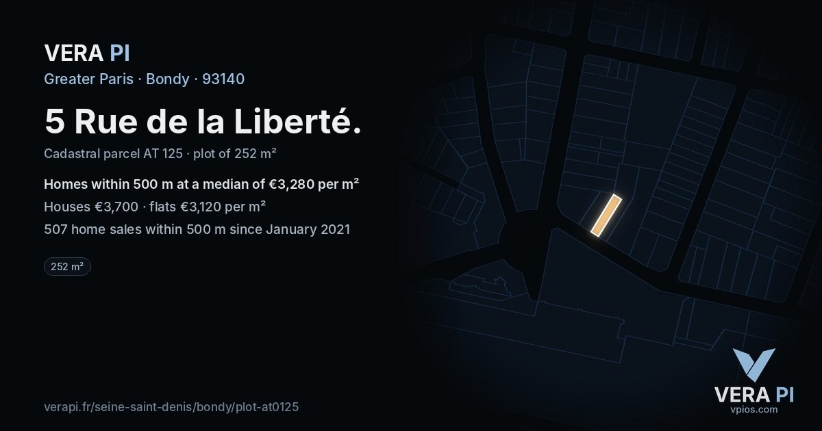 5 Rue de la Liberté, Bondy at night – the plot lit, the parcels around coloured by the prices near them