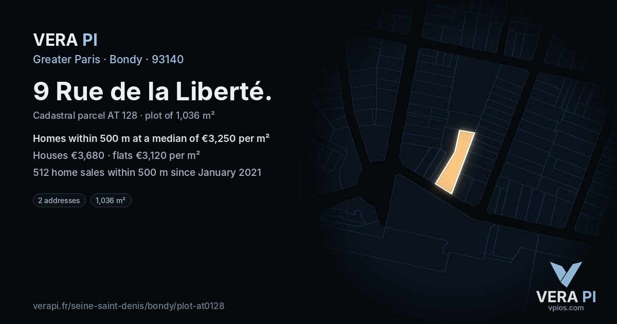 9 Rue de la Liberté, Bondy at night – the plot lit, the parcels around coloured by the prices near them