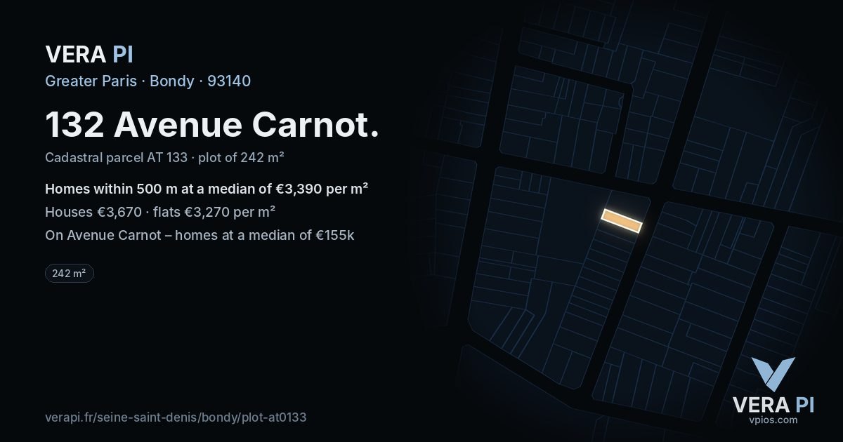 132 Avenue Carnot, Bondy at night – the plot lit, the parcels around coloured by the prices near them