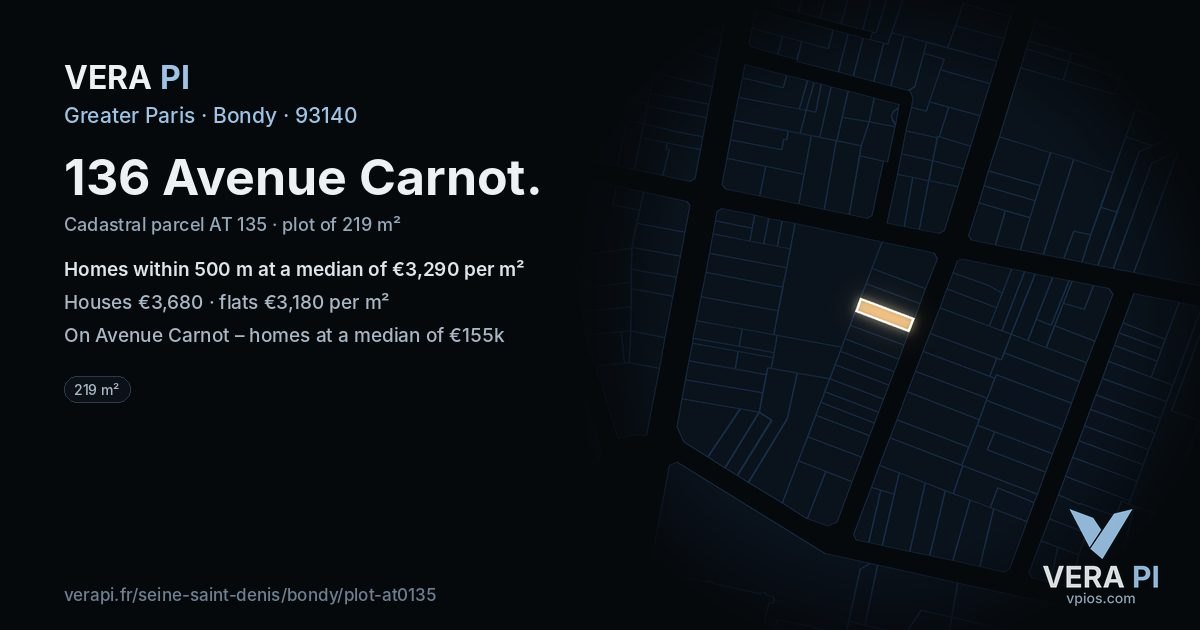 136 Avenue Carnot, Bondy at night – the plot lit, the parcels around coloured by the prices near them