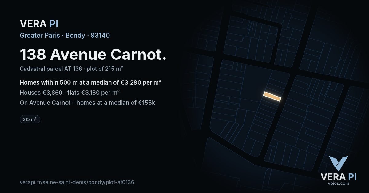 138 Avenue Carnot, Bondy at night – the plot lit, the parcels around coloured by the prices near them