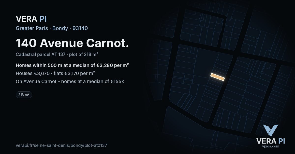 140 Avenue Carnot, Bondy at night – the plot lit, the parcels around coloured by the prices near them