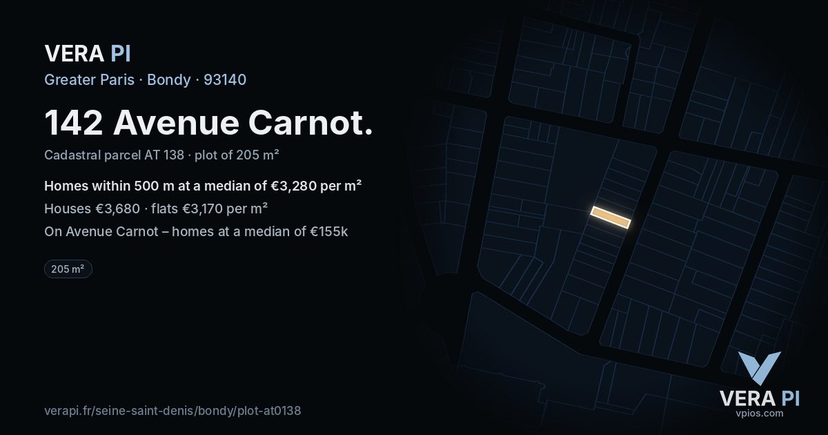 142 Avenue Carnot, Bondy at night – the plot lit, the parcels around coloured by the prices near them