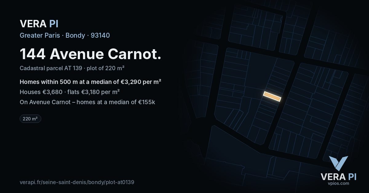 144 Avenue Carnot, Bondy at night – the plot lit, the parcels around coloured by the prices near them