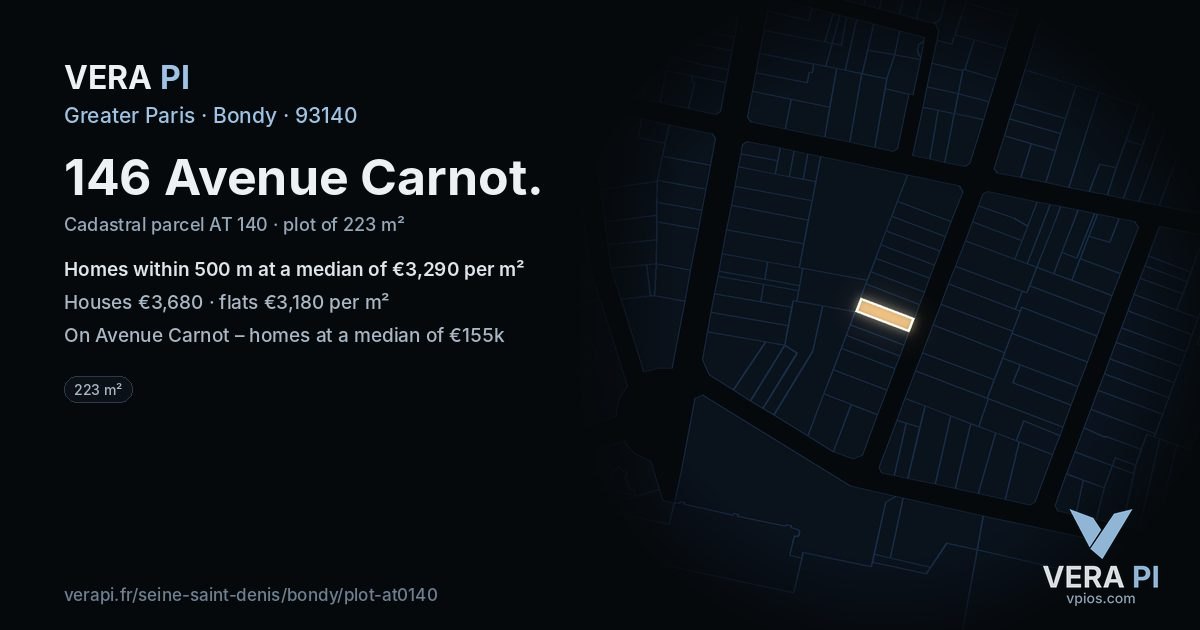 146 Avenue Carnot, Bondy at night – the plot lit, the parcels around coloured by the prices near them