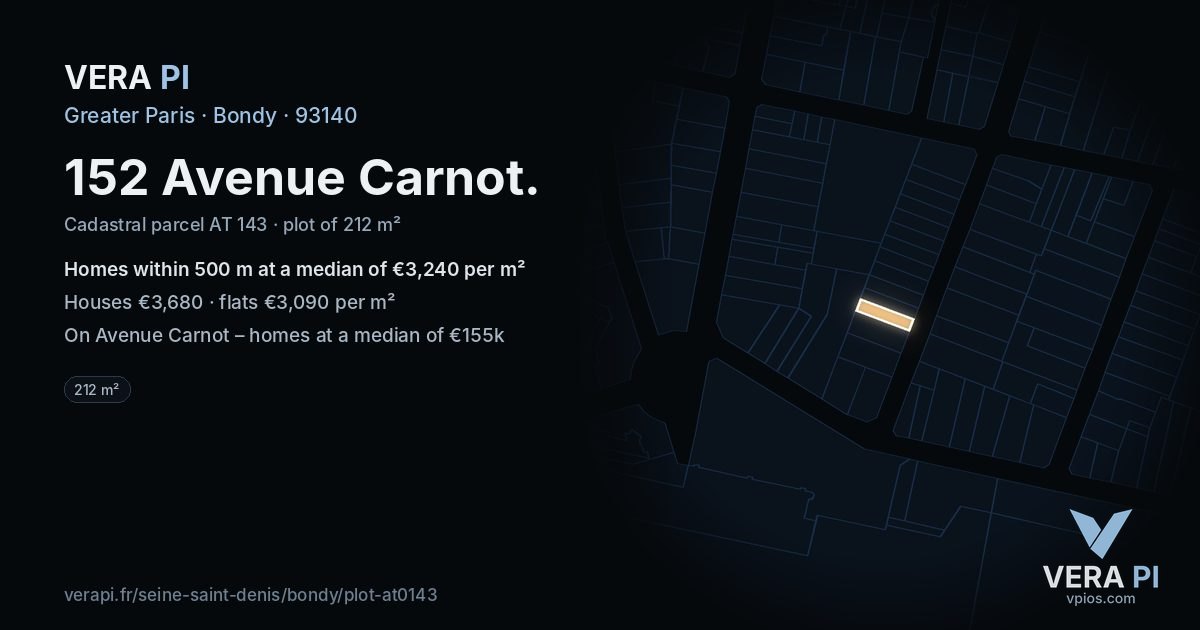 152 Avenue Carnot, Bondy at night – the plot lit, the parcels around coloured by the prices near them