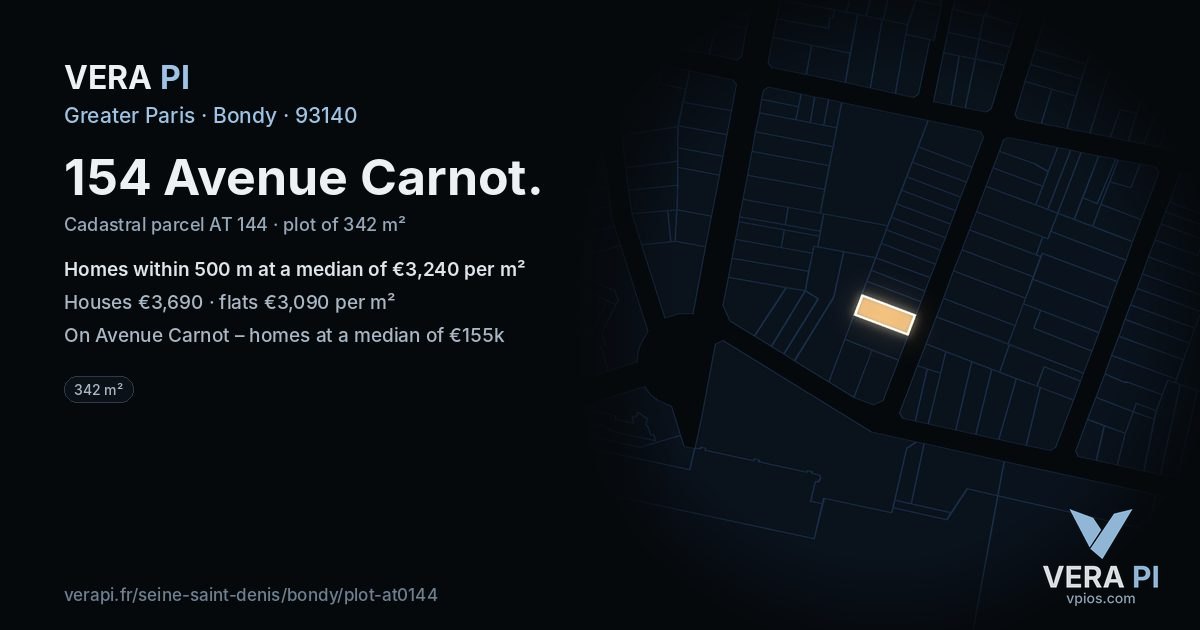 154 Avenue Carnot, Bondy at night – the plot lit, the parcels around coloured by the prices near them