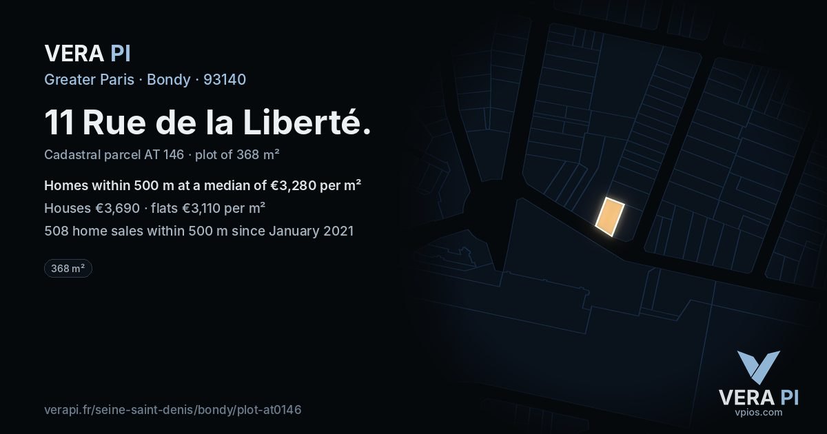 11 Rue de la Liberté, Bondy at night – the plot lit, the parcels around coloured by the prices near them