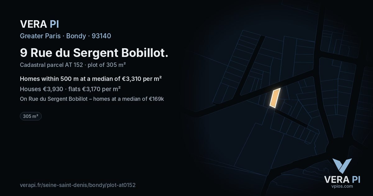 9 Rue du Sergent Bobillot, Bondy at night – the plot lit, the parcels around coloured by the prices near them
