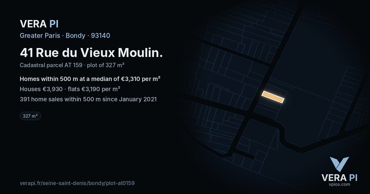 41 Rue du Vieux Moulin, Bondy at night – the plot lit, the parcels around coloured by the prices near them