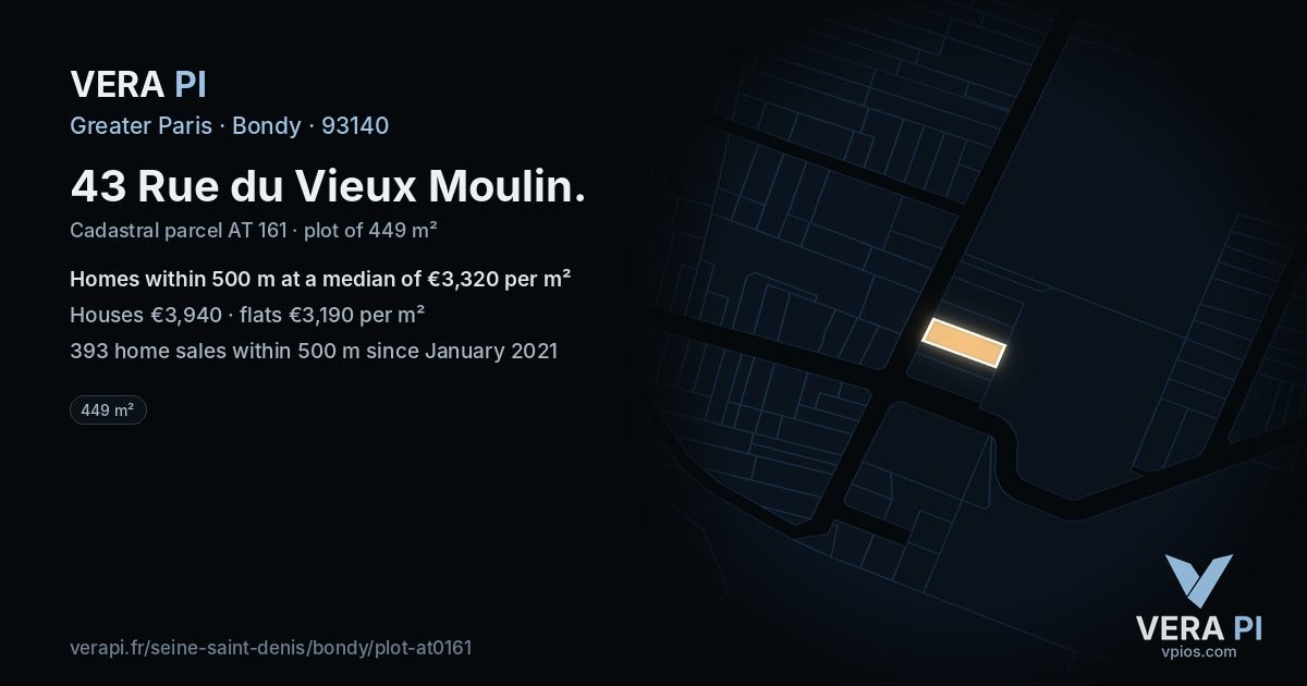 43 Rue du Vieux Moulin, Bondy at night – the plot lit, the parcels around coloured by the prices near them