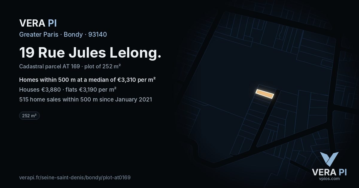19 Rue Jules Lelong, Bondy at night – the plot lit, the parcels around coloured by the prices near them
