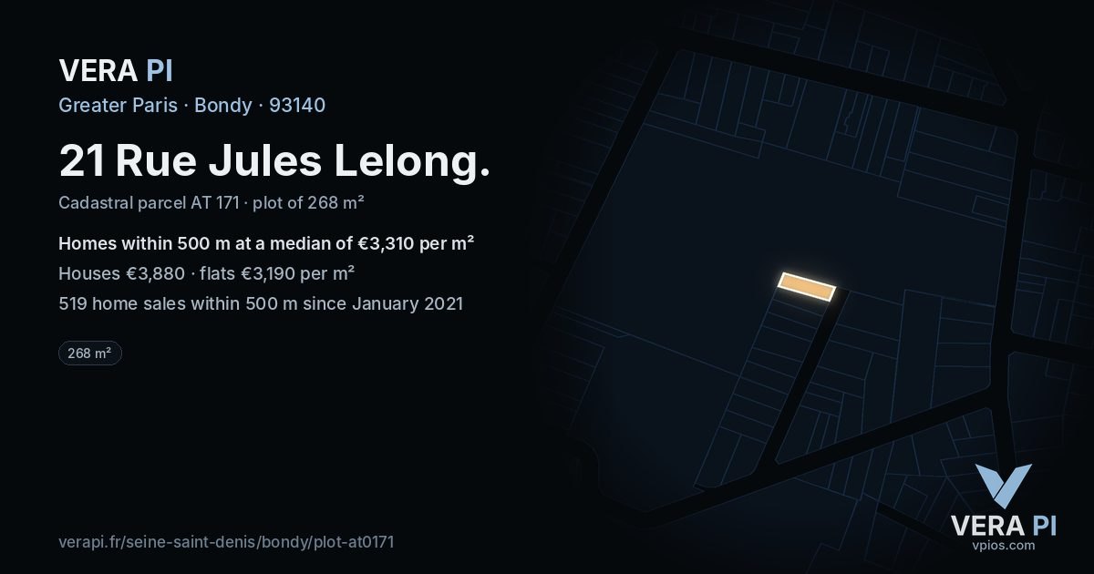 21 Rue Jules Lelong, Bondy at night – the plot lit, the parcels around coloured by the prices near them