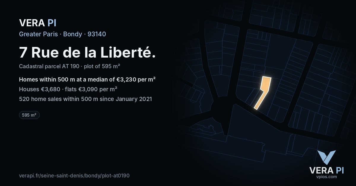7 Rue de la Liberté, Bondy at night – the plot lit, the parcels around coloured by the prices near them