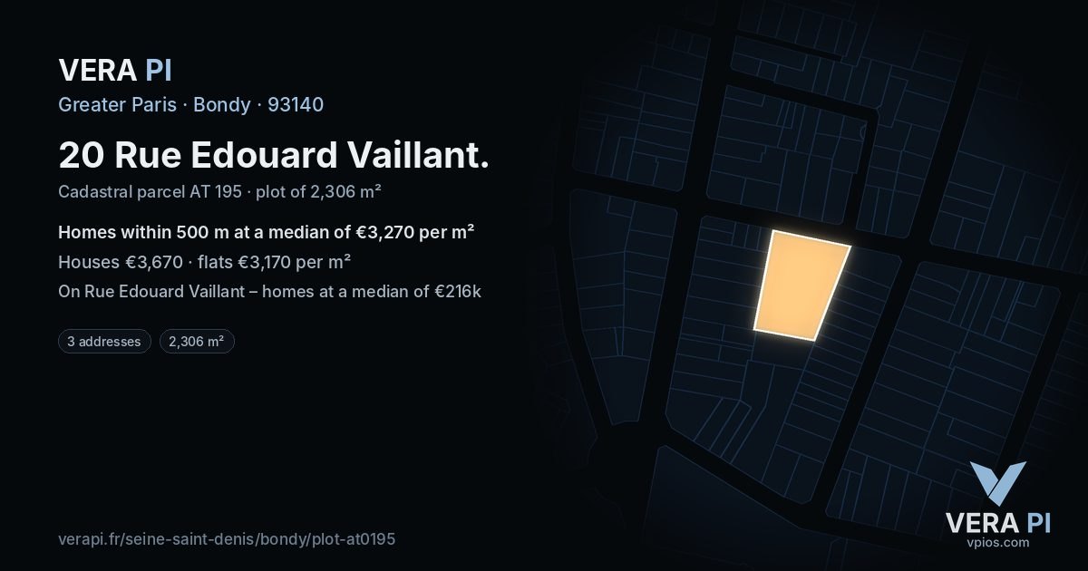 20 Rue Edouard Vaillant, Bondy at night – the plot lit, the parcels around coloured by the prices near them