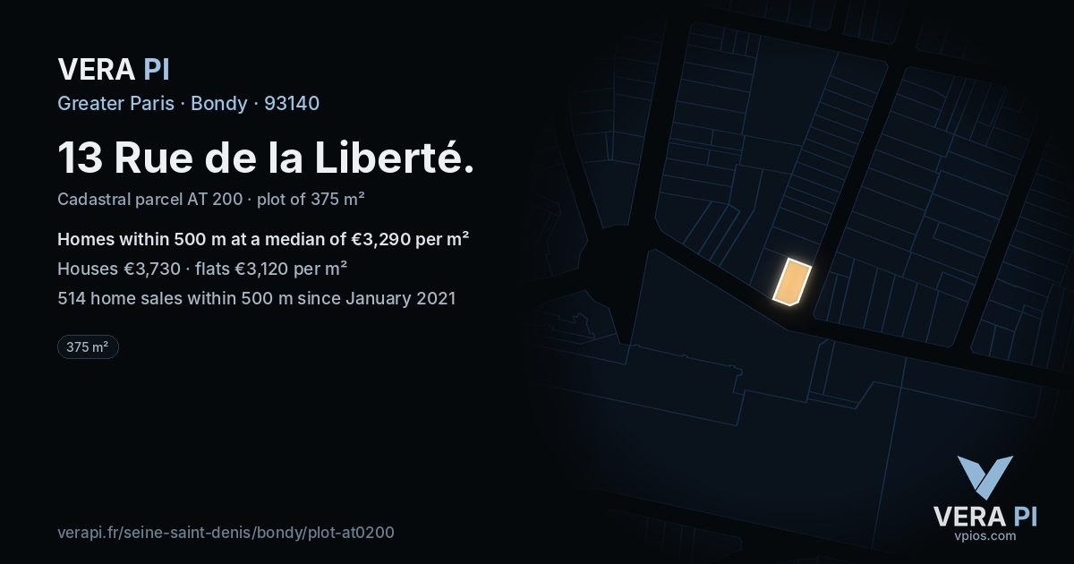 13 Rue de la Liberté, Bondy at night – the plot lit, the parcels around coloured by the prices near them