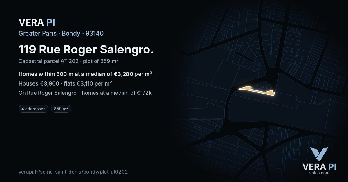 119 Rue Roger Salengro, Bondy at night – the plot lit, the parcels around coloured by the prices near them