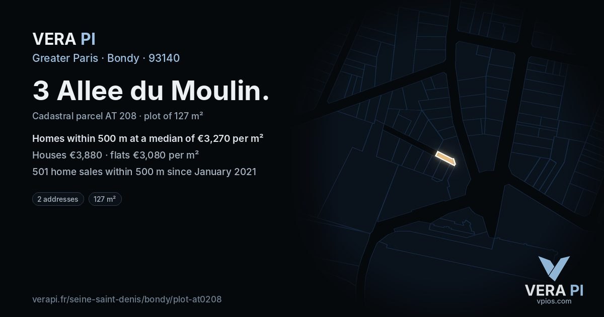 3 Allee du Moulin, Bondy at night – the plot lit, the parcels around coloured by the prices near them