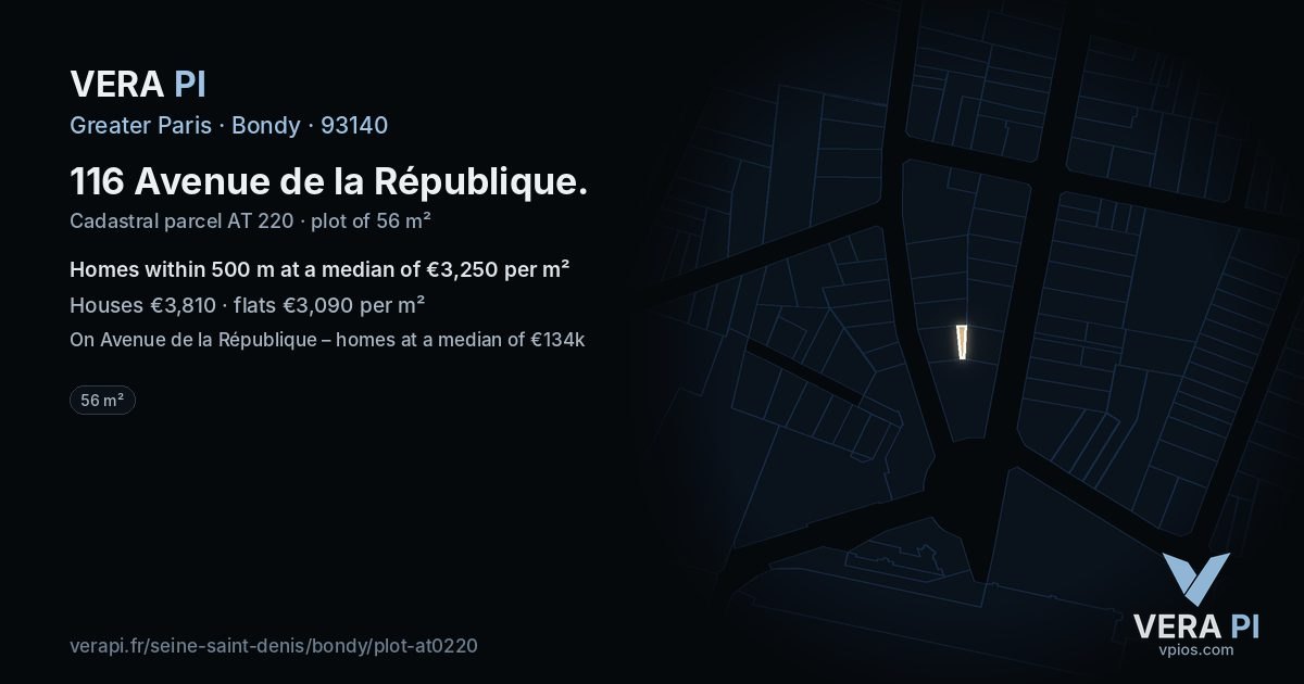 116 Avenue de la République, Bondy at night – the plot lit, the parcels around coloured by the prices near them