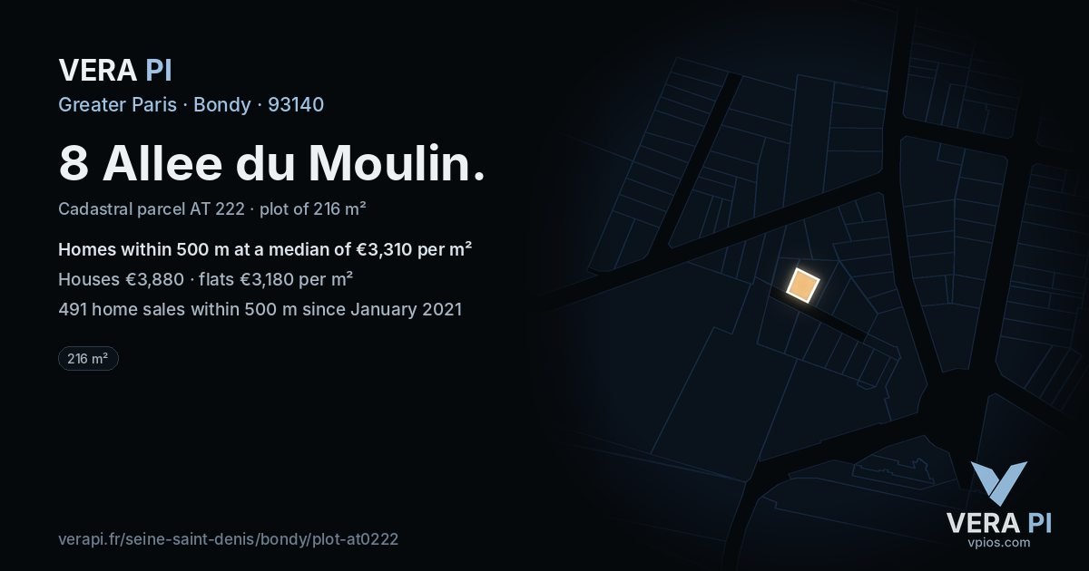 8 Allee du Moulin, Bondy at night – the plot lit, the parcels around coloured by the prices near them