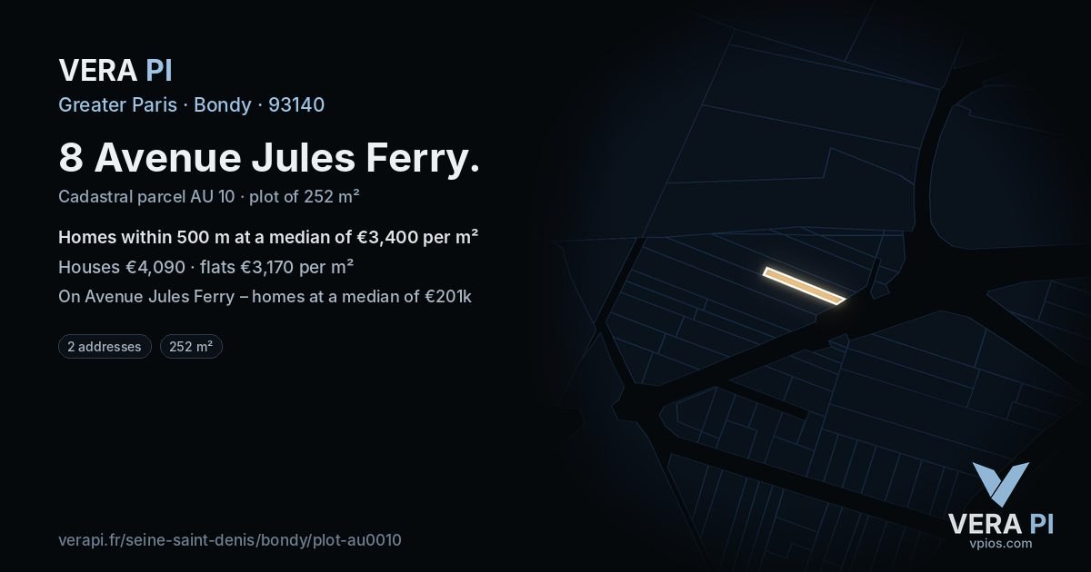 8 Avenue Jules Ferry, Bondy at night – the plot lit, the parcels around coloured by the prices near them