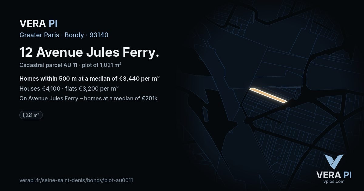 12 Avenue Jules Ferry, Bondy at night – the plot lit, the parcels around coloured by the prices near them