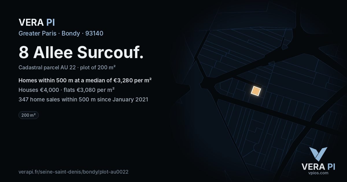 8 Allee Surcouf, Bondy at night – the plot lit, the parcels around coloured by the prices near them
