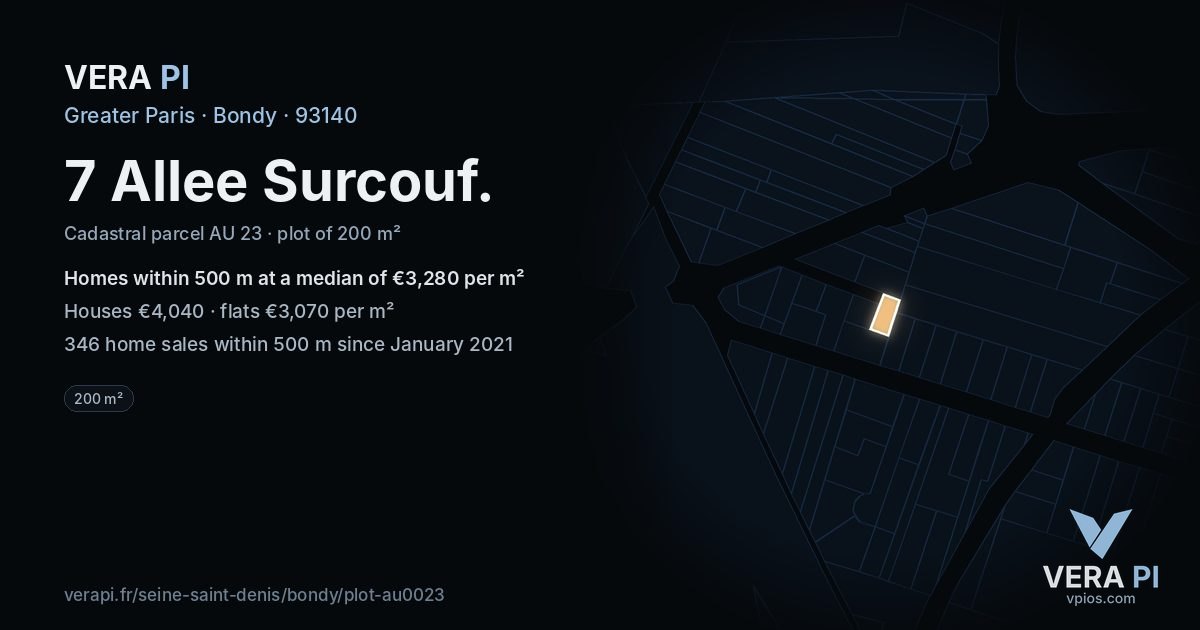 7 Allee Surcouf, Bondy at night – the plot lit, the parcels around coloured by the prices near them