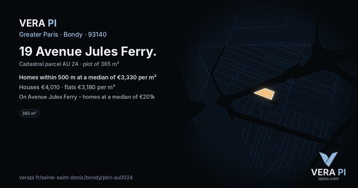 19 Avenue Jules Ferry, Bondy at night – the plot lit, the parcels around coloured by the prices near them