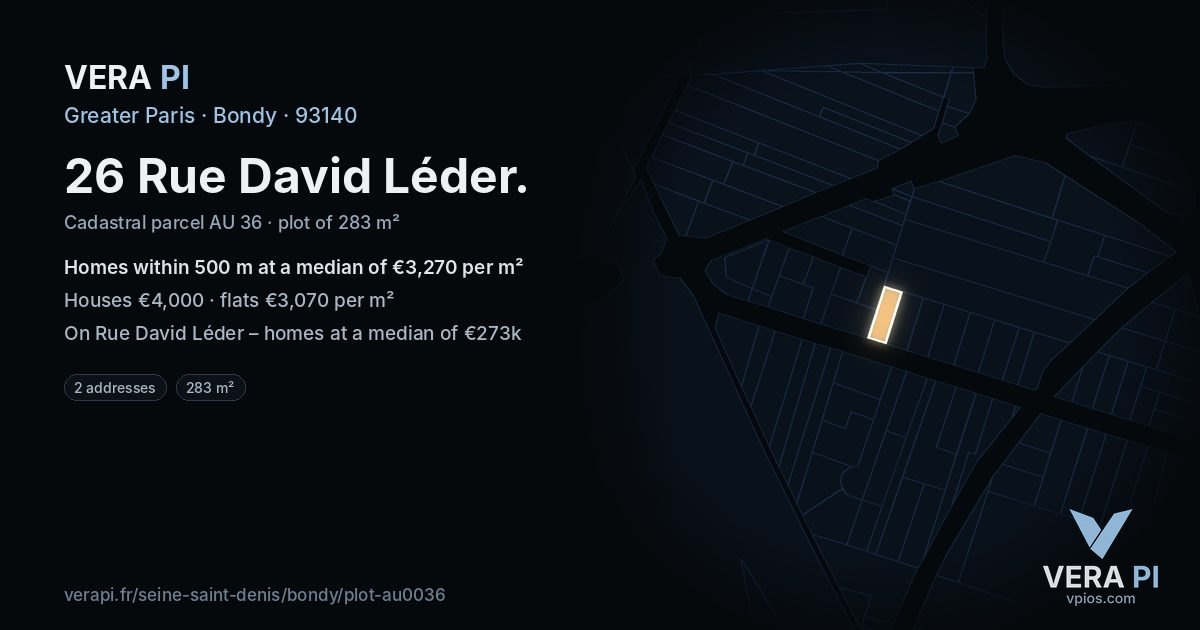 26 Rue David Léder, Bondy at night – the plot lit, the parcels around coloured by the prices near them