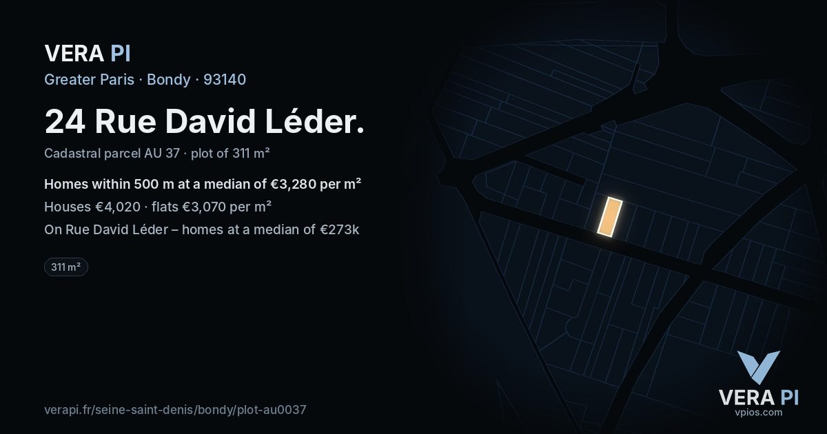 24 Rue David Léder, Bondy at night – the plot lit, the parcels around coloured by the prices near them
