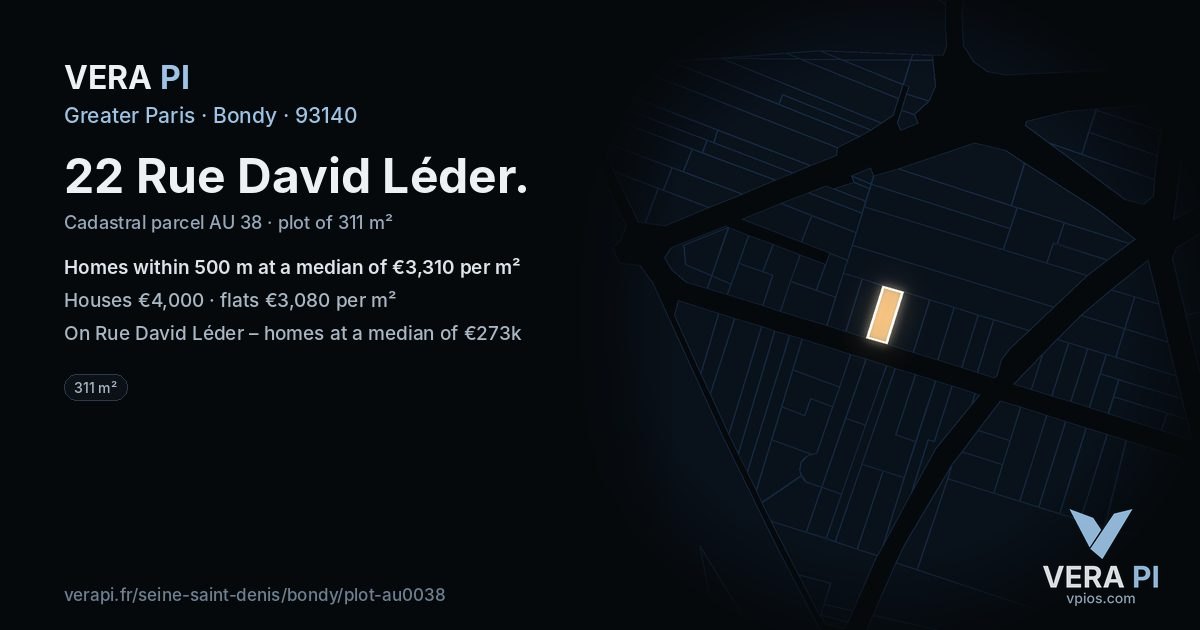 22 Rue David Léder, Bondy at night – the plot lit, the parcels around coloured by the prices near them