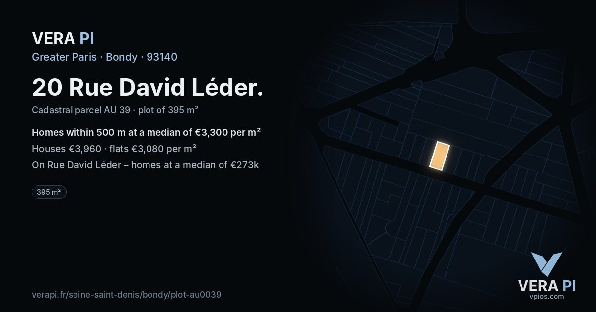 20 Rue David Léder, Bondy at night – the plot lit, the parcels around coloured by the prices near them