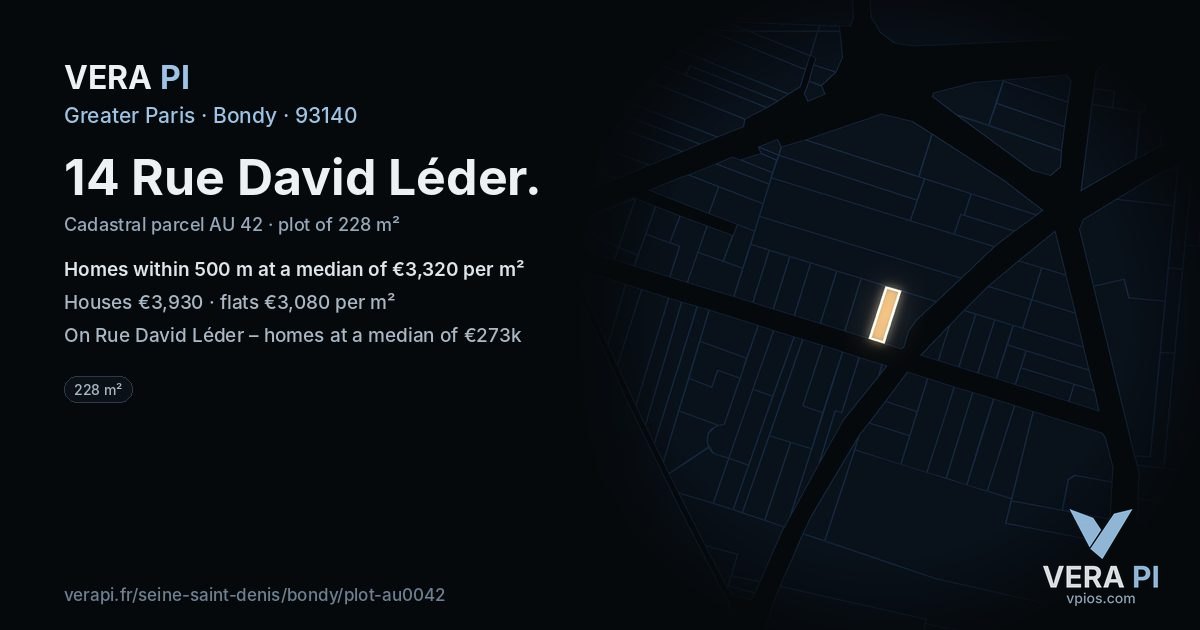 14 Rue David Léder, Bondy at night – the plot lit, the parcels around coloured by the prices near them