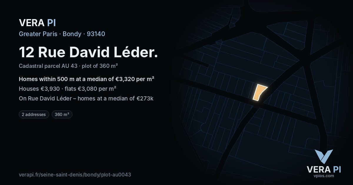 12 Rue David Léder, Bondy at night – the plot lit, the parcels around coloured by the prices near them
