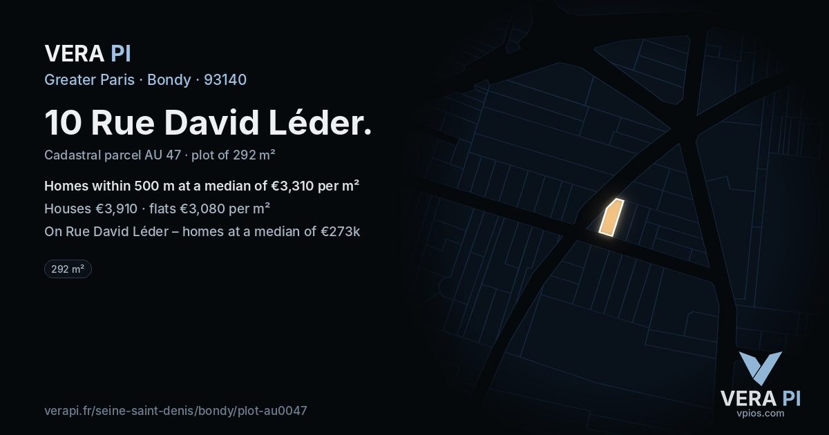 10 Rue David Léder, Bondy at night – the plot lit, the parcels around coloured by the prices near them