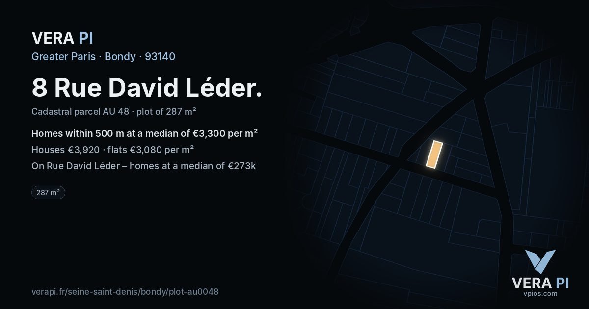 8 Rue David Léder, Bondy at night – the plot lit, the parcels around coloured by the prices near them