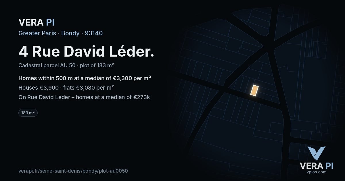 4 Rue David Léder, Bondy at night – the plot lit, the parcels around coloured by the prices near them