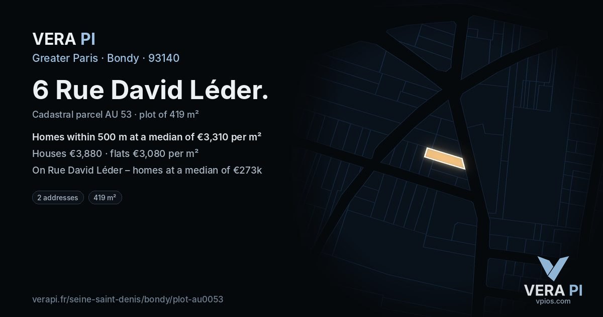 6 Rue David Léder, Bondy at night – the plot lit, the parcels around coloured by the prices near them