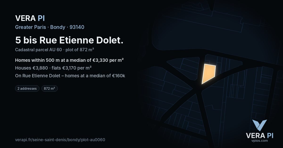 5 bis Rue Etienne Dolet, Bondy at night – the plot lit, the parcels around coloured by the prices near them
