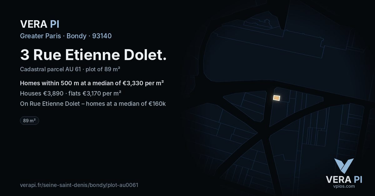 3 Rue Etienne Dolet, Bondy at night – the plot lit, the parcels around coloured by the prices near them